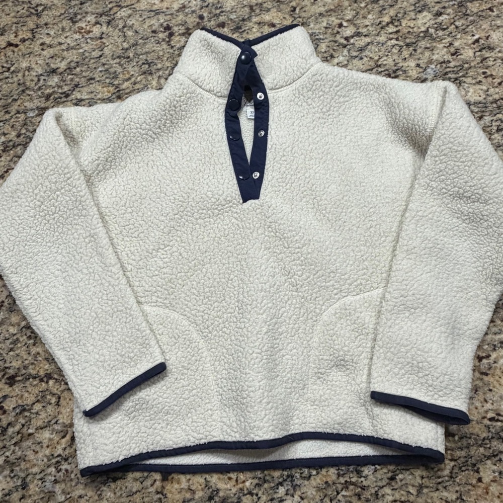 J.Crew Vintage Fleece Sherpa Pullover Cream Navy Blue Snap Neck XS ws